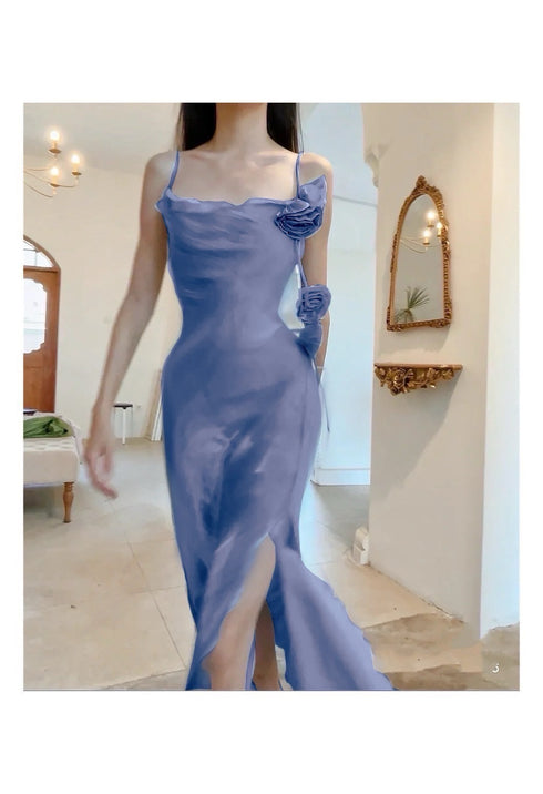 Women Spaghetti Strap Side Slit Satin Dresses